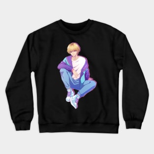 The stylish anime boy from 90s (purple background) Crewneck Sweatshirt